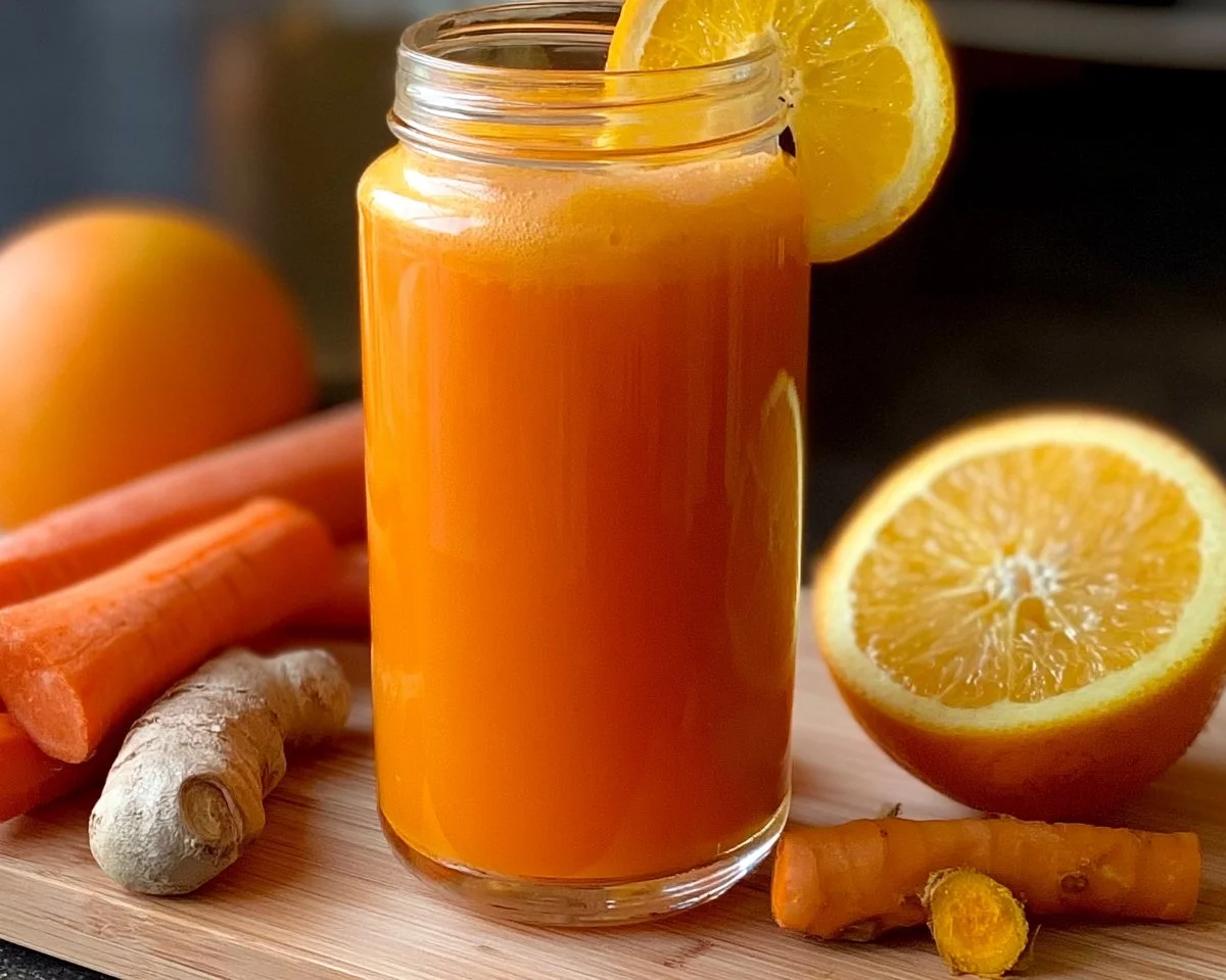 Bright orange turmeric carrot juice in a glass, promoting radiant skin