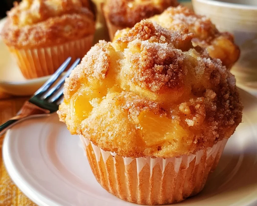 Delicious homemade peach cobbler muffins topped with crumble and fresh peaches.