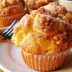 Delicious homemade peach cobbler muffins topped with crumble and fresh peaches.