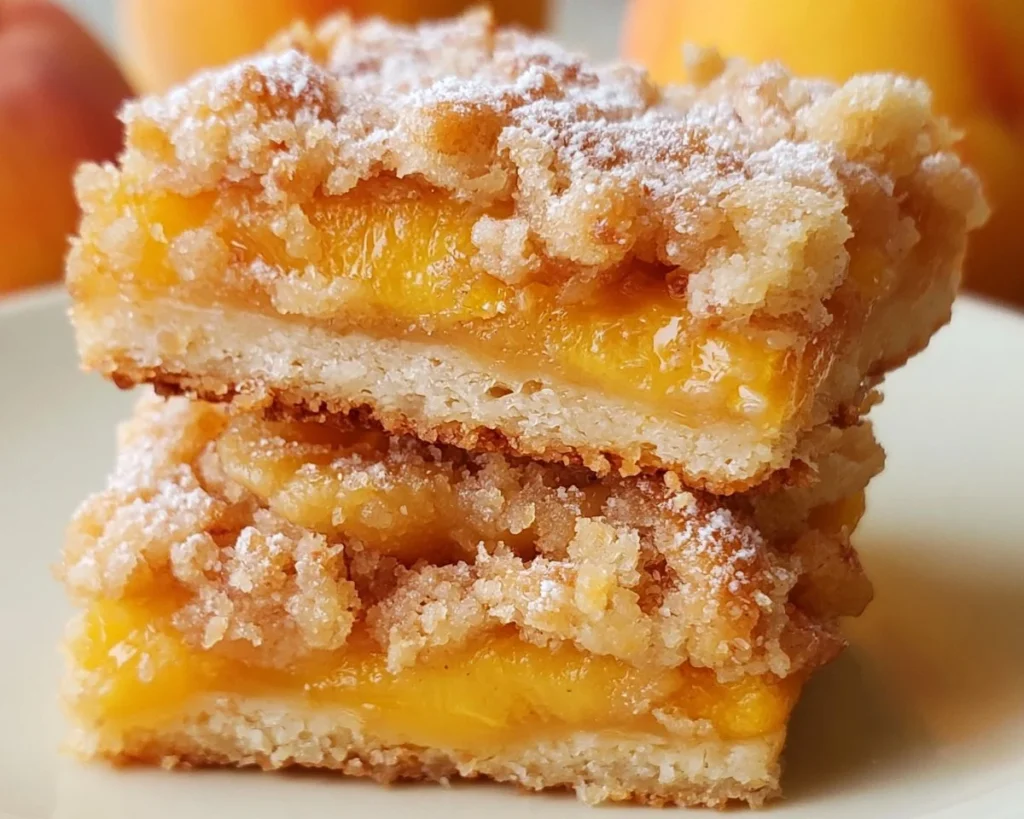 Delicious peach crumb bars with buttery crumble topping and juicy peach filling