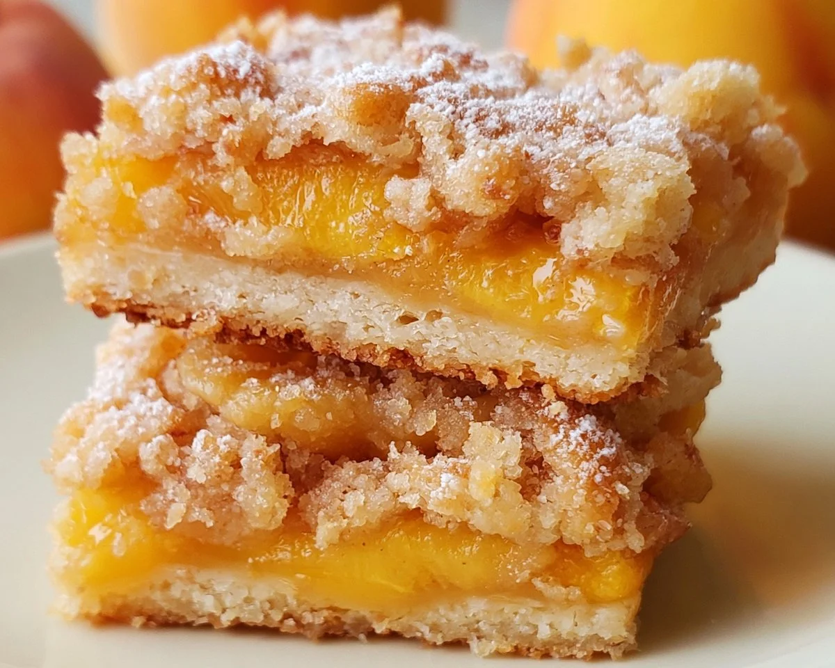 Delicious peach crumb bars with buttery crumble topping and juicy peach filling