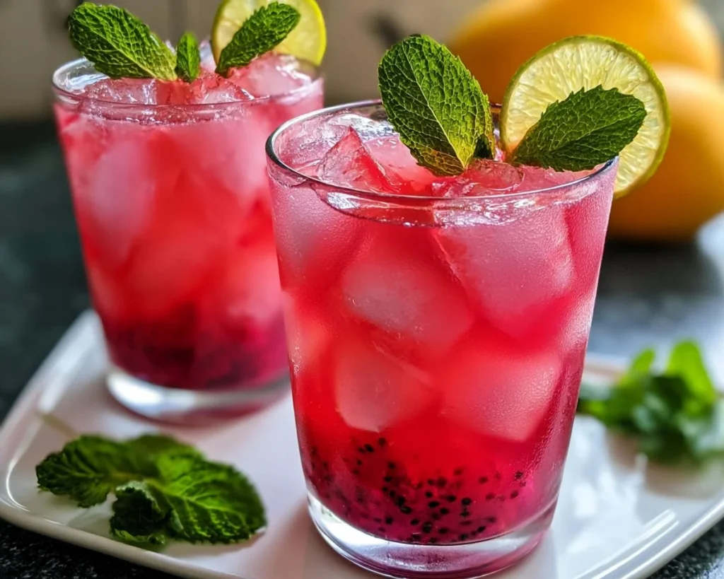 Mango Dragonfruit Refresher drink garnished with fresh fruit
