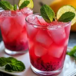 Mango Dragonfruit Refresher drink garnished with fresh fruit