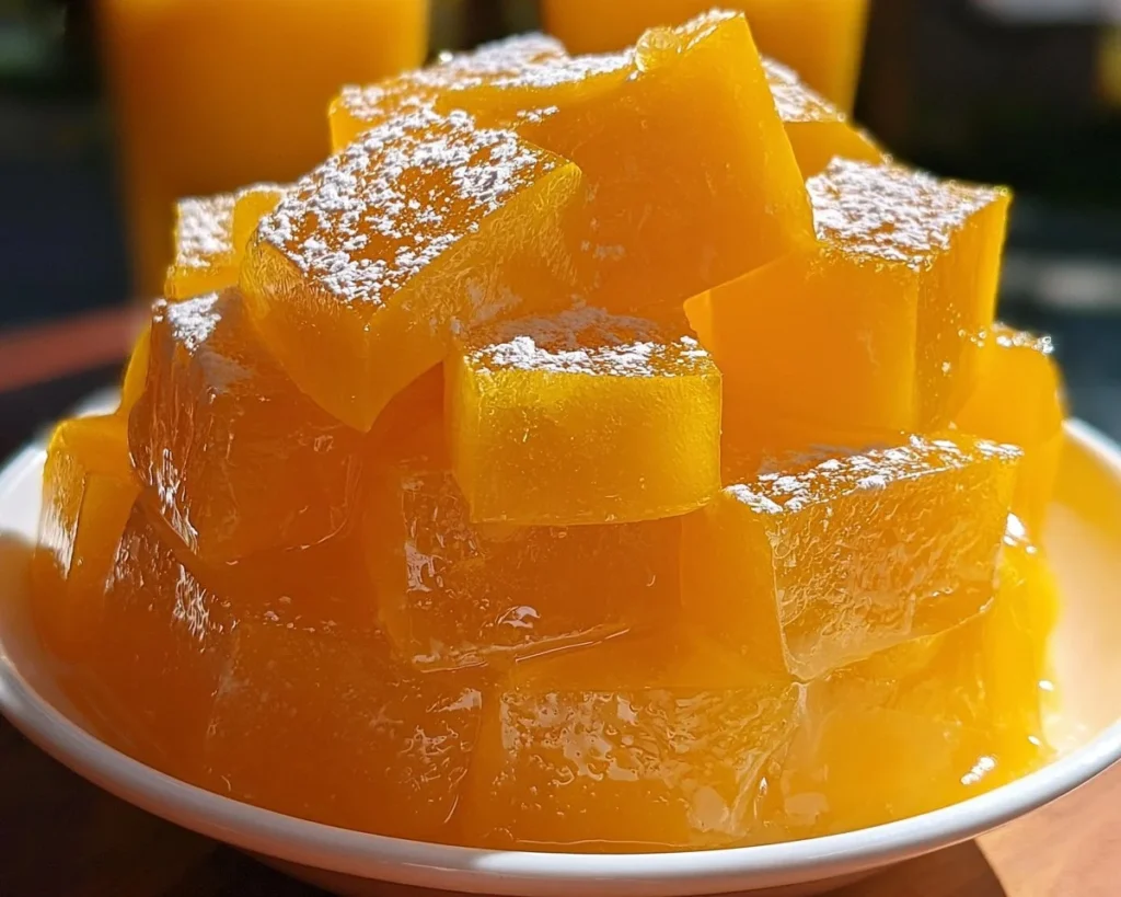 Wobbly cubes of mango jelly served in a bowl, showcasing vibrant orange color.