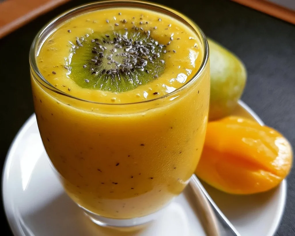 Refreshing Mango Kiwi Smoothie in a glass with vibrant colors.