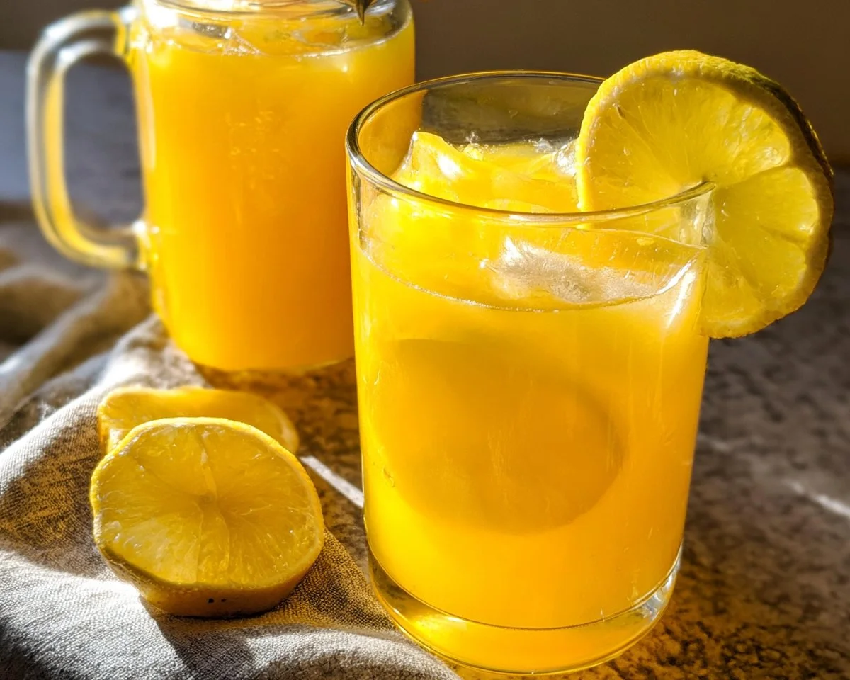 A refreshing glass of mango lemonade with slices of lemon and fresh mangoes