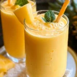Delicious mango pineapple smoothies in a glass with fresh fruit garnishes