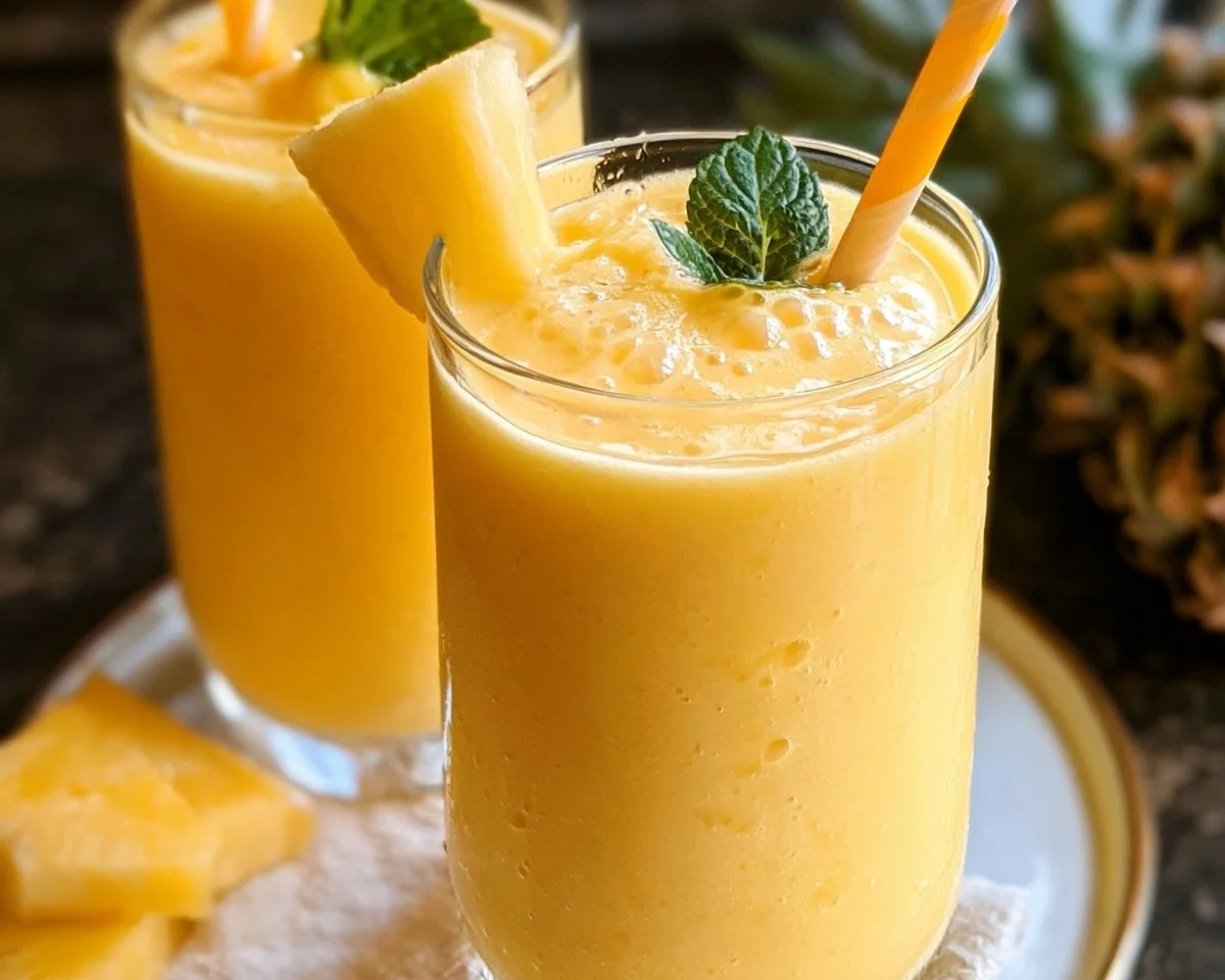 Delicious mango pineapple smoothies in a glass with fresh fruit garnishes