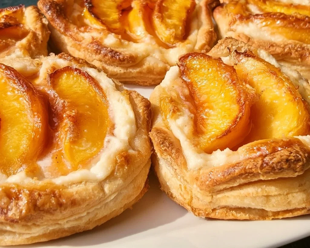 Mini peach and cream cheese tarts topped with fresh peach slices