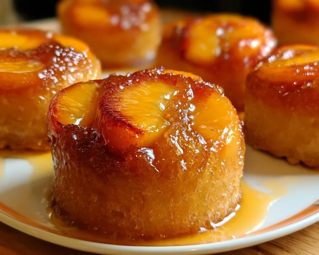Mini peach upside down cakes with caramelized peaches on top, served on a plate.