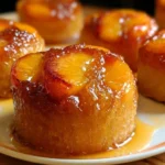 Mini peach upside down cakes with caramelized peaches on top, served on a plate.