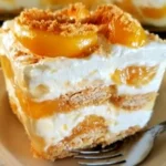 No-bake peach yum yum dessert served in a glass dish with fresh peaches