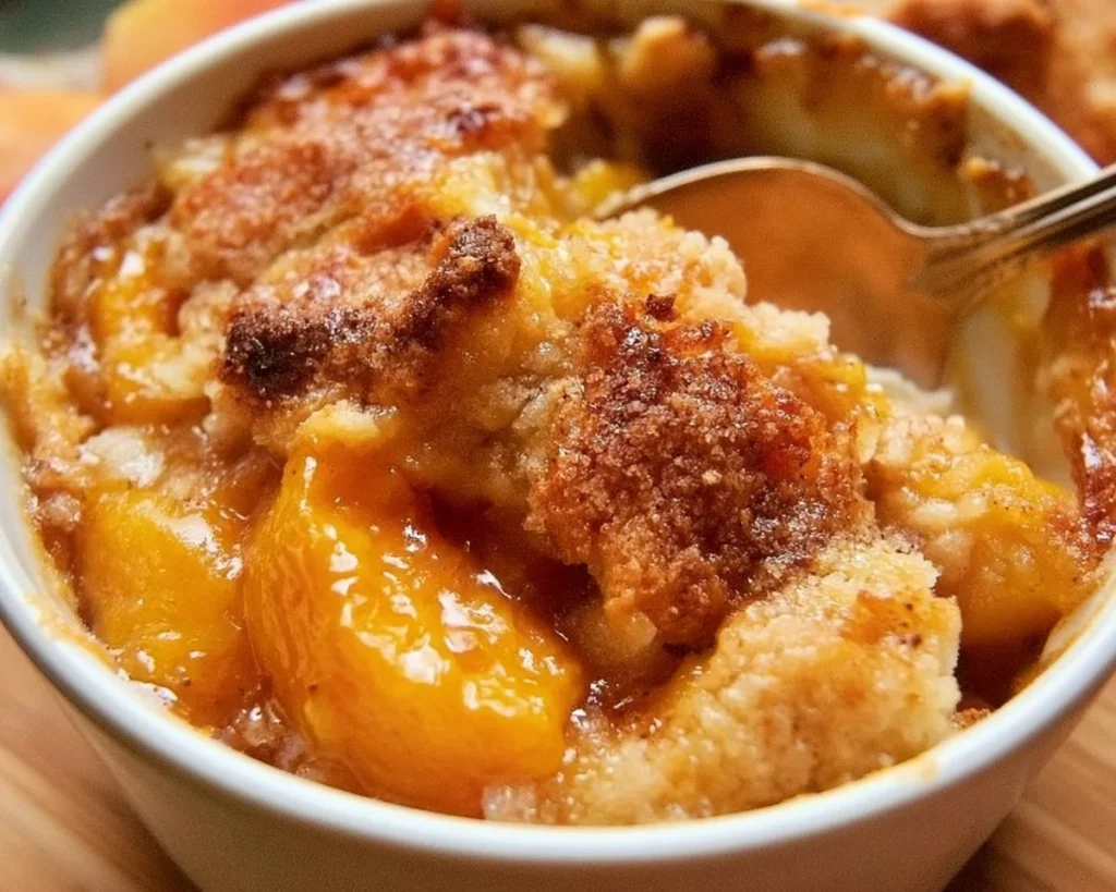 Delicious old fashioned peach cobbler dessert served warm with whipped cream.