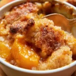 Delicious old-fashioned peach cobbler served warm with ice cream