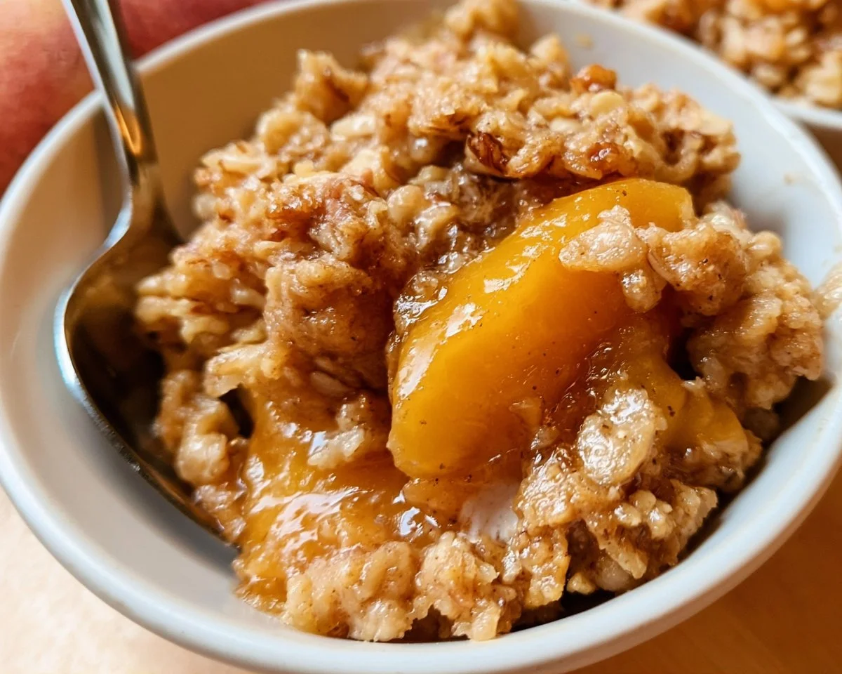 Delicious serving of old-fashioned peach crisp with golden topping