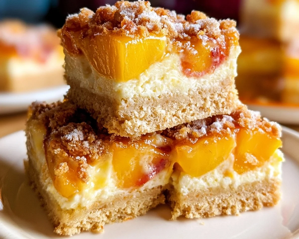 Delicious Peach Cheesecake Bars with a creamy texture and fresh peach topping