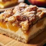 Delicious Peach Cobbler Cheesecake Bars on a plate with fresh peaches