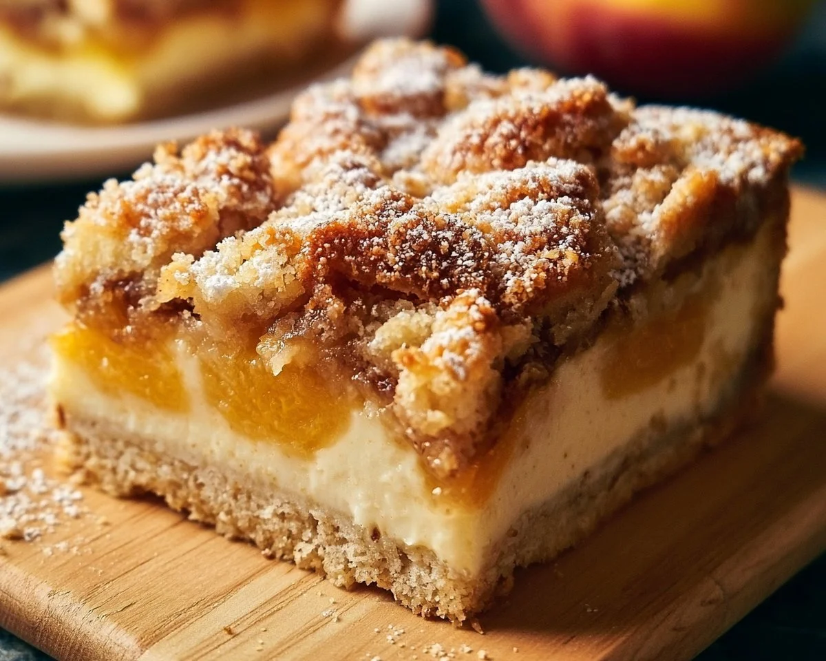 Delicious Peach Cobbler Cheesecake Bars on a plate with fresh peaches