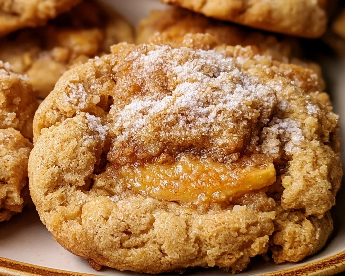 Freshly baked Peach Cobbler Cookies with chunks of peach and a golden crust