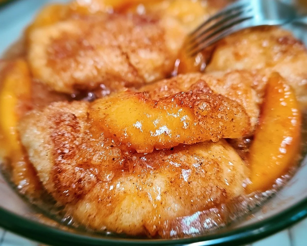 Delicious Peach Cobbler Dumplings served warm with a scoop of ice cream