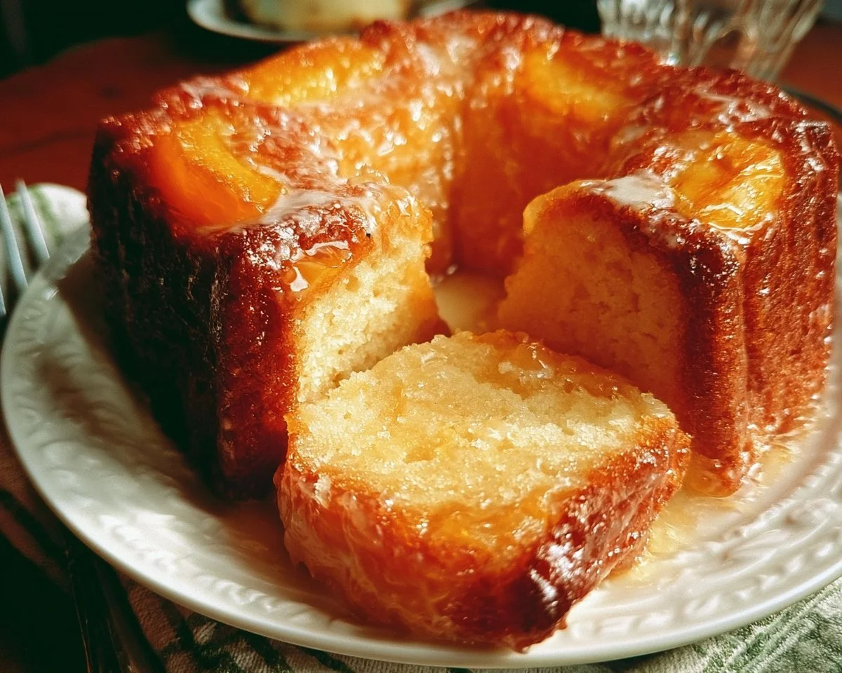 Delicious homemade Peach Cobbler Pound Cake topped with fresh peaches