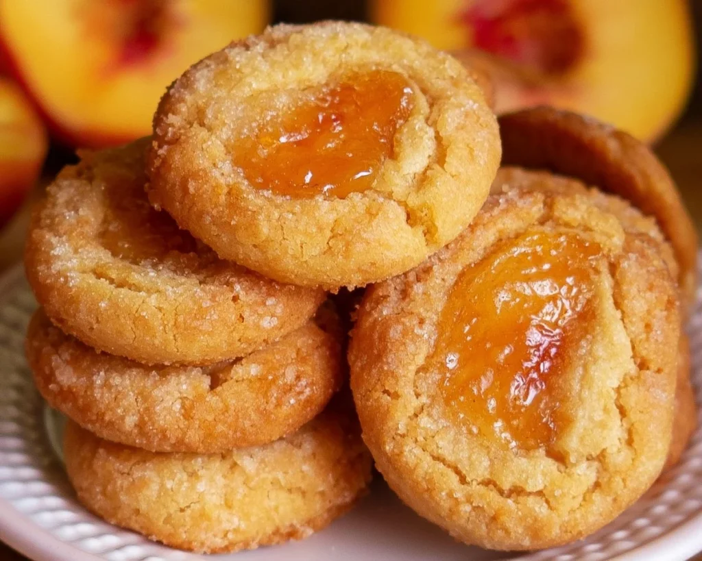 Freshly baked peach cookies with chunks of real peaches on a plate