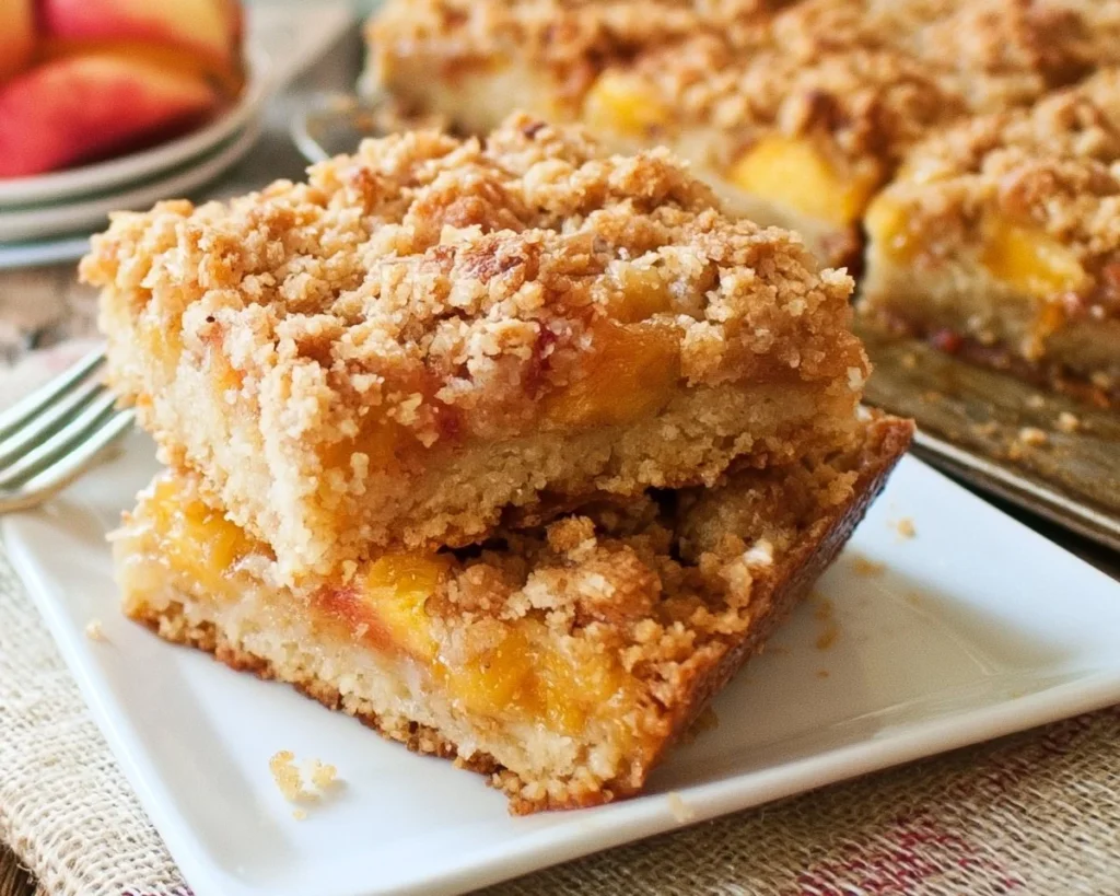 Delicious peach crumb bars with a buttery crumble topping on a plate