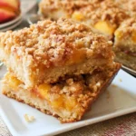 Delicious peach crumb bars with a buttery crumble topping on a plate