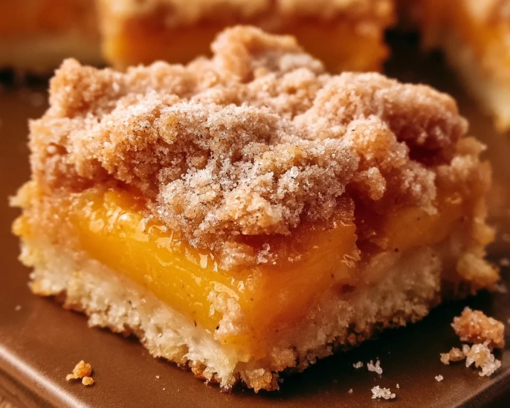 Plated Peach Crumb Bars with crumb topping and peach filling