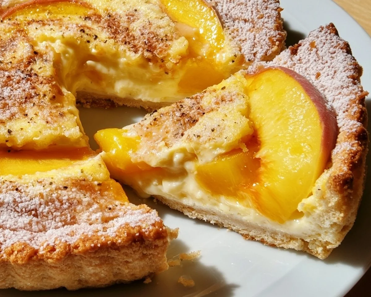 Homemade Peach Custard Pie with fresh peach slices and creamy filling