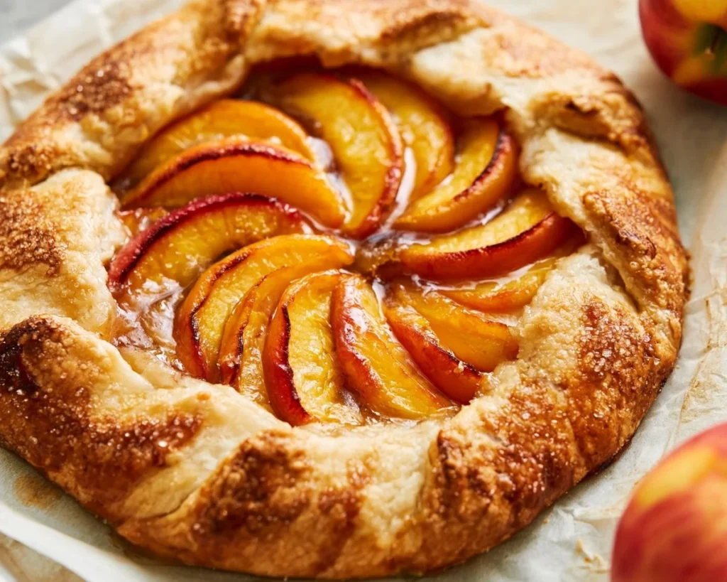 Homemade peach galette with fresh peaches and golden crust