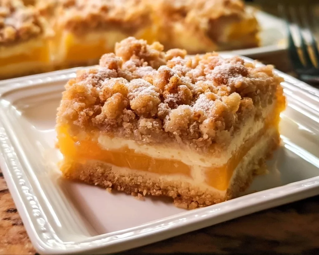 Delicious homemade peach pie crumble bars with a buttery topping