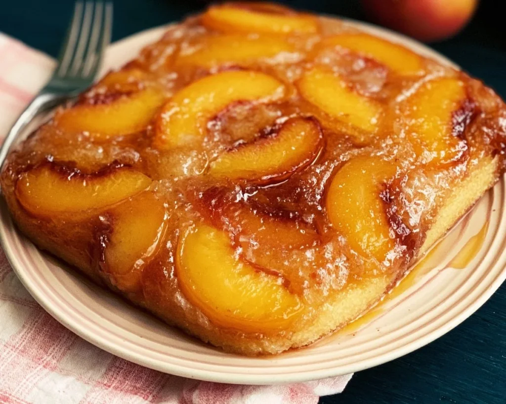 Delicious Peach Upside-Down Cake with caramelized peaches on top.