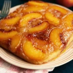 Delicious Peach Upside-Down Cake with caramelized peaches on top.