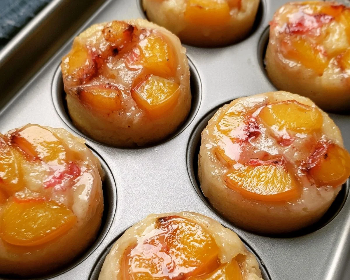 Peach Upside Down Mini Cakes topped with fresh peaches and caramel glaze