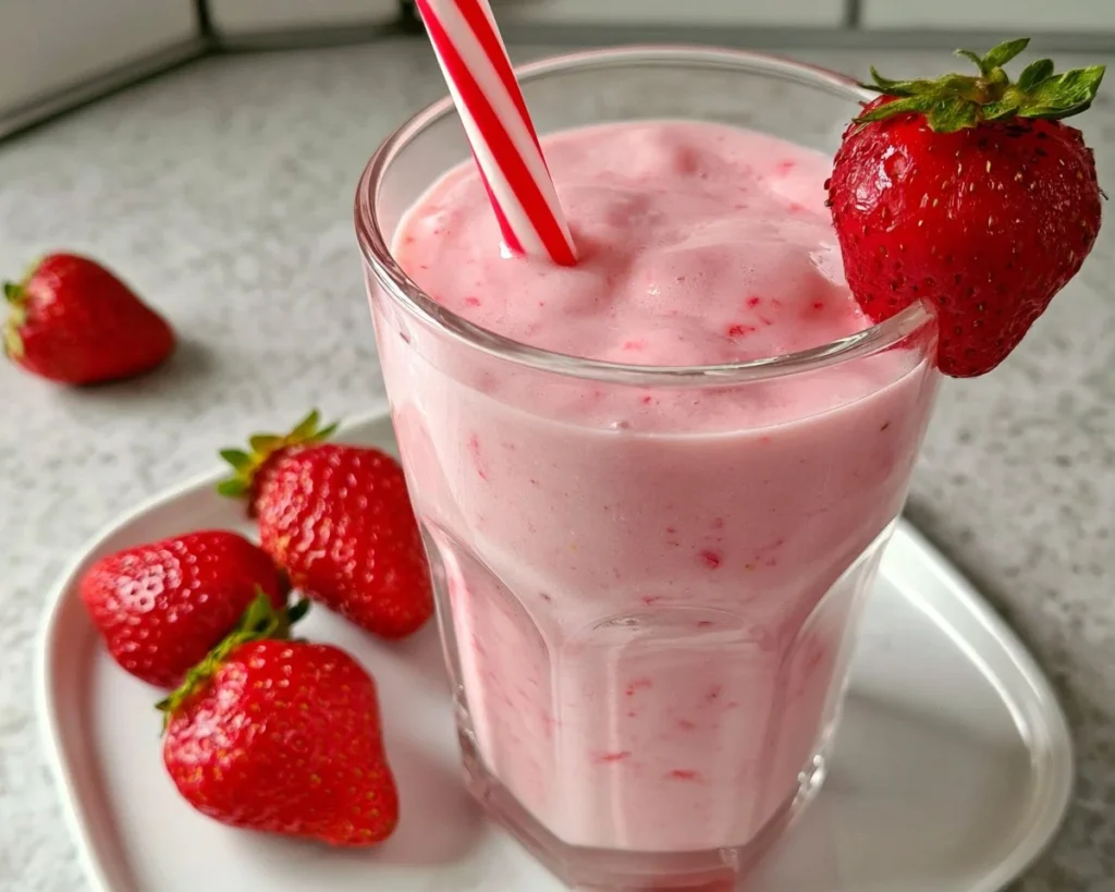 Fresh strawberry banana smoothie in a glass with a straw and fresh fruit