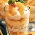 Delicious summer peach mousse trifles topped with fresh peaches and whipped cream