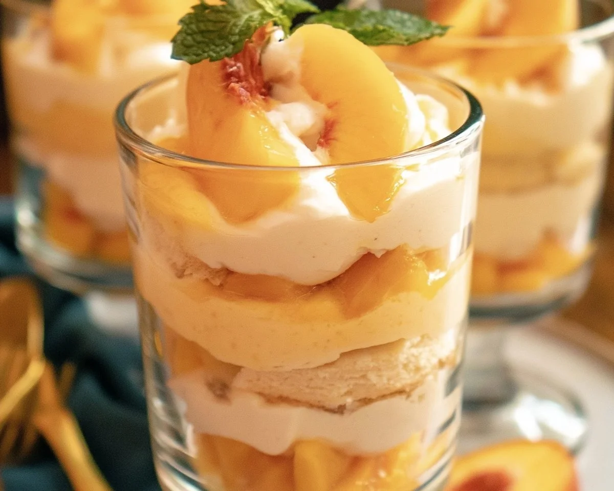 Delicious summer peach mousse trifles topped with fresh peaches and whipped cream