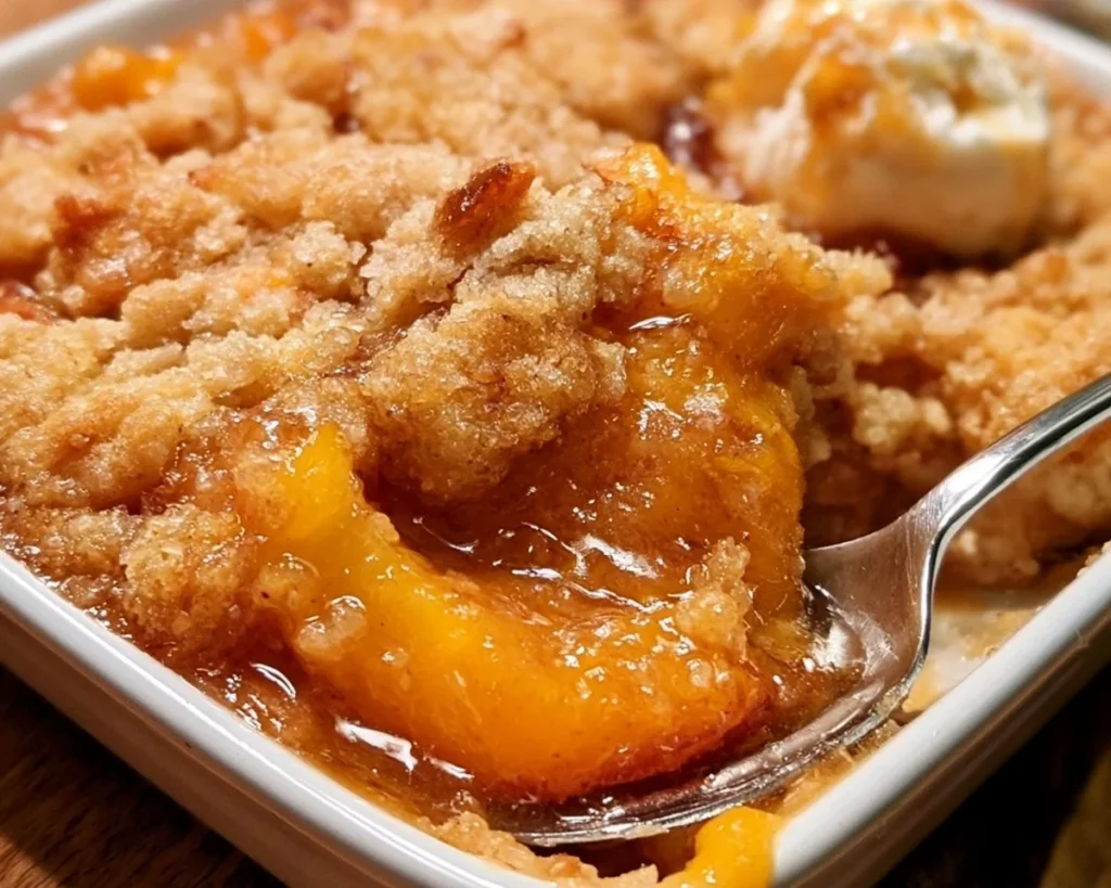 Delicious Southern peach cobbler served in a dish, topped with ice cream.