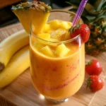Colorful tropical smoothie with fruits like mango, pineapple, and banana