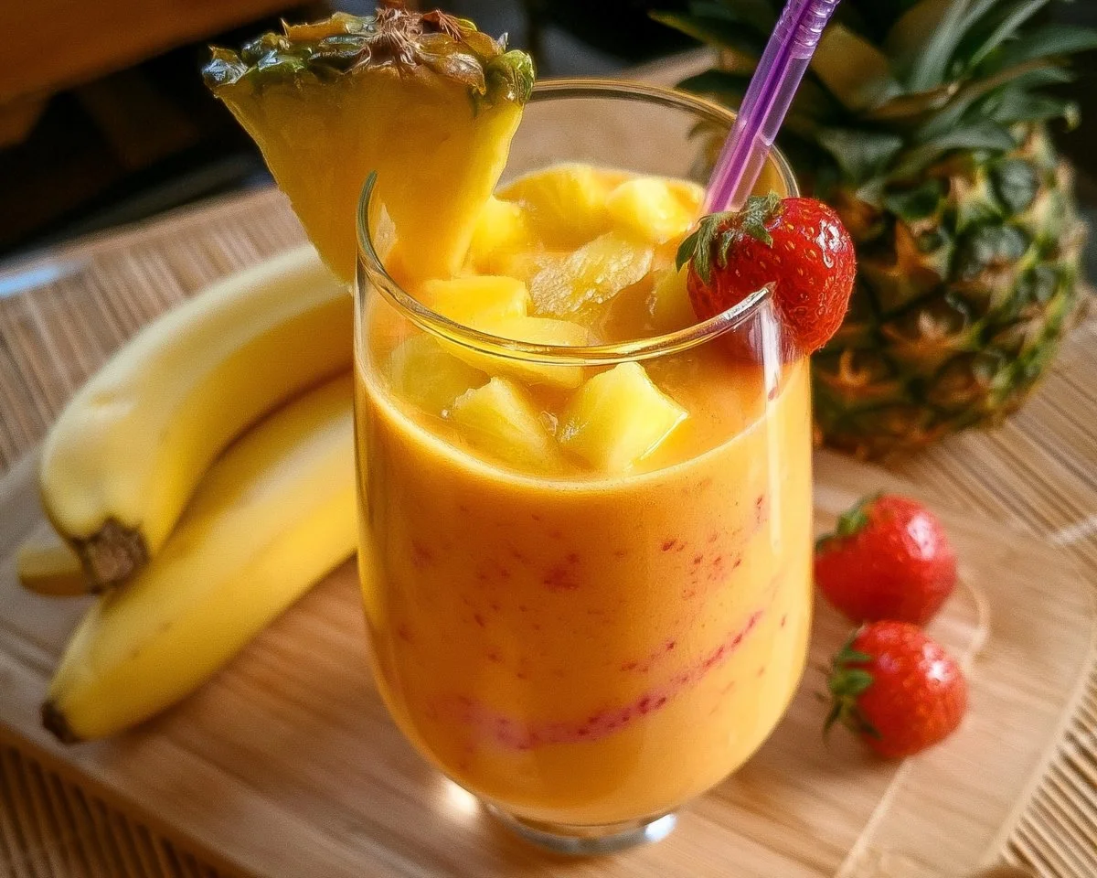 Colorful tropical smoothie with fruits like mango, pineapple, and banana