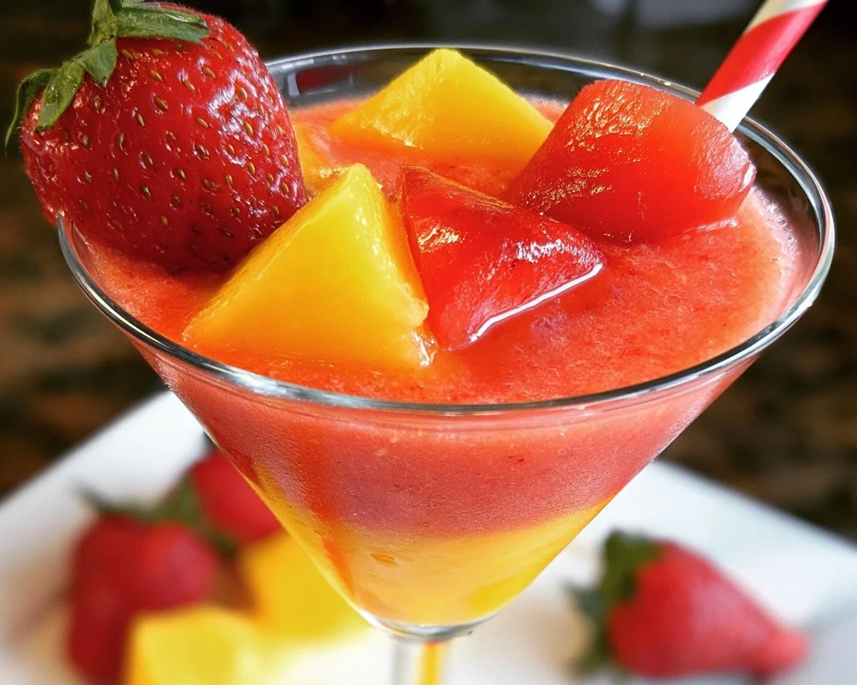 Glass of Virgin Strawberry Mango Daiquiri with fresh strawberries and mangoes