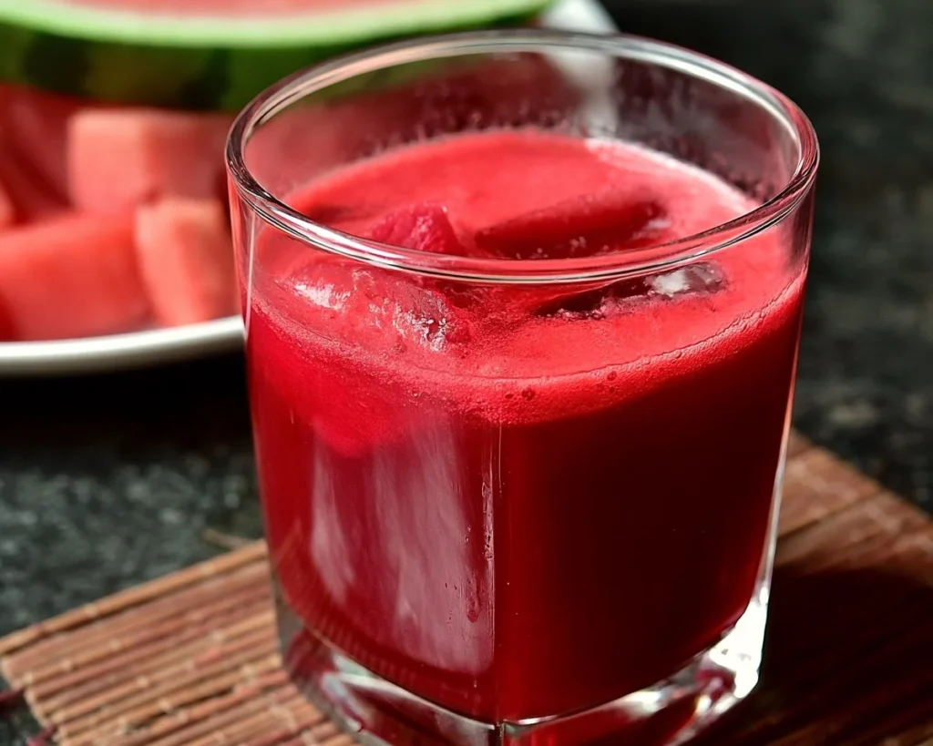 Refreshing watermelon beet juice served in a glass, showcasing its vibrant color.