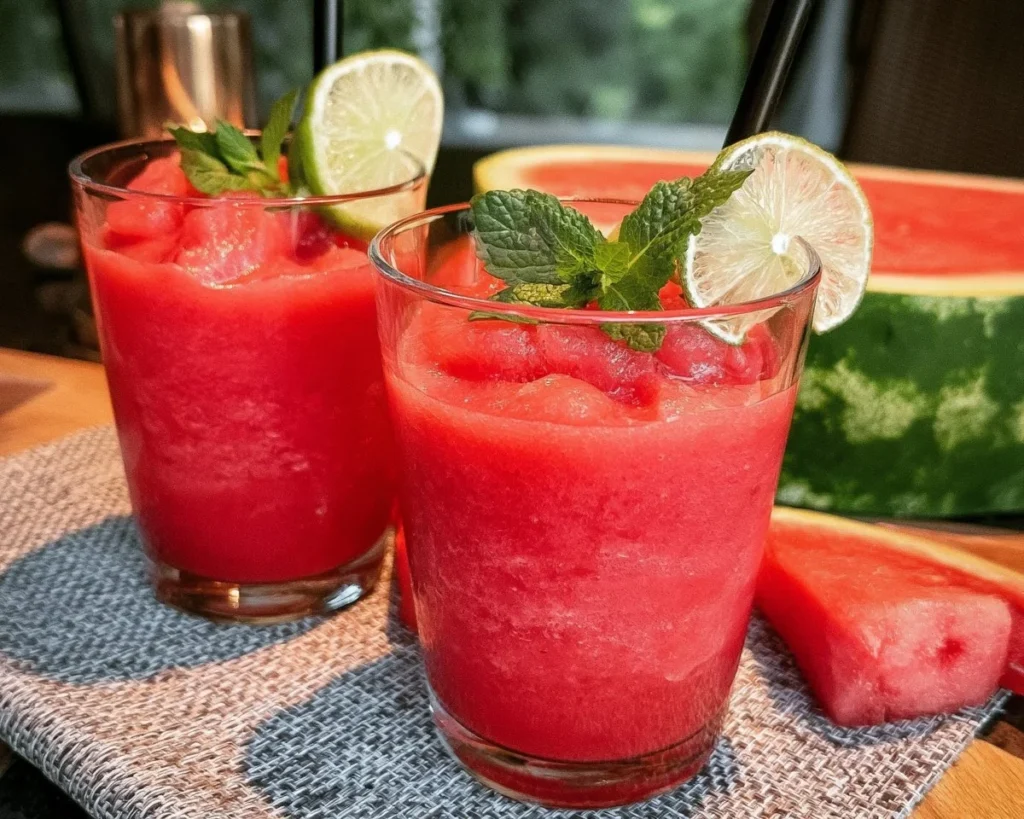 Refreshing watermelon slushie served in a glass with ice