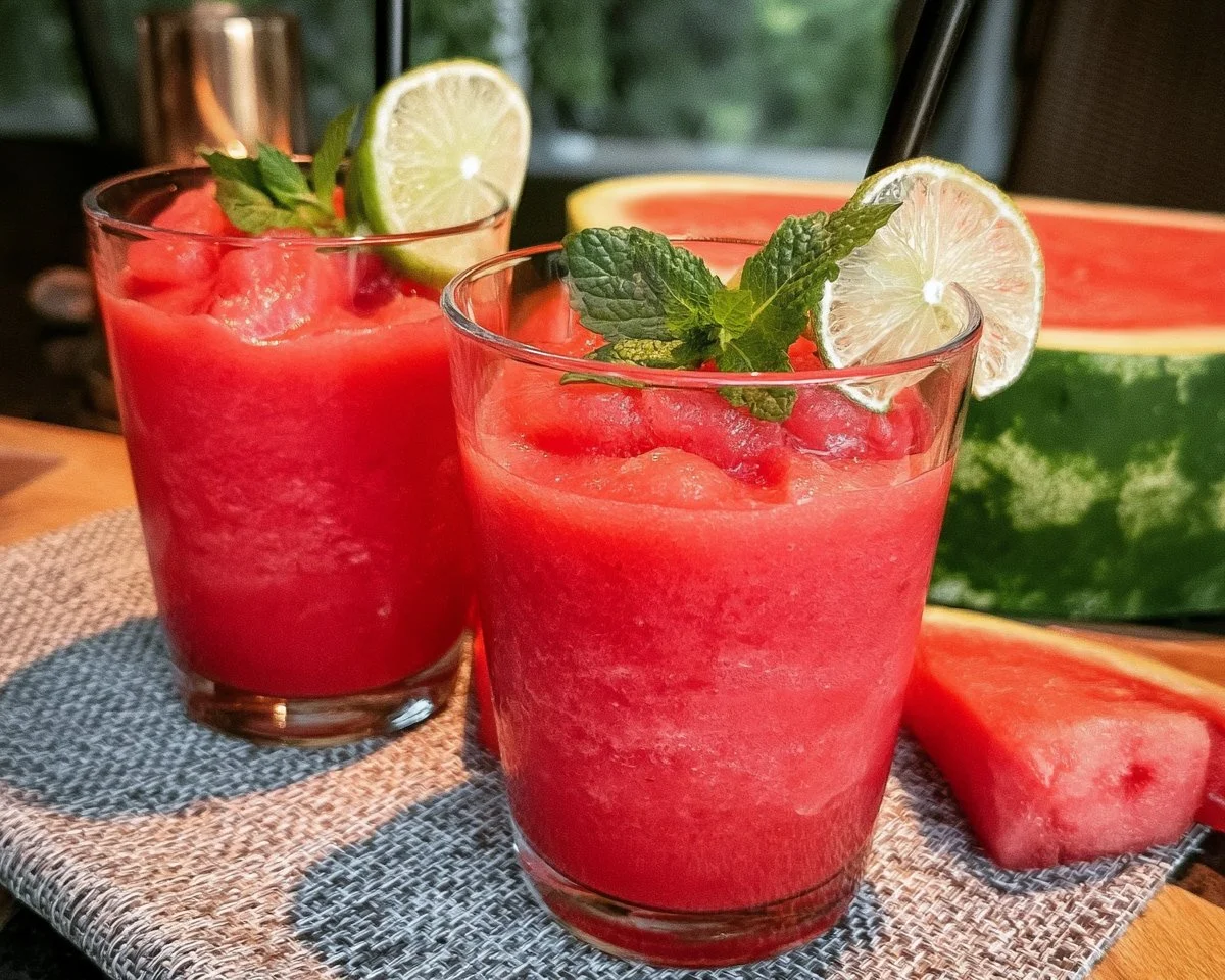 Refreshing watermelon slushie served in a glass with ice